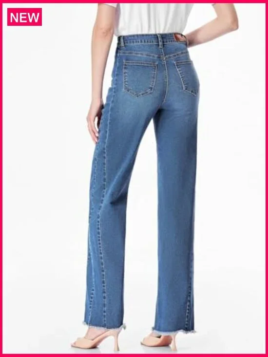 High Waisted Wide Leg Jeans Stretchy Raw Hem Denim Pants - Picture 6 of 7